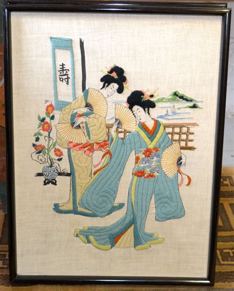 American Made Needle Point Of A Japanese Wood Block Print Of 2 Geisha