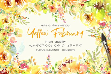 Watercolor Flowers Yellow February Decorative Illustrations