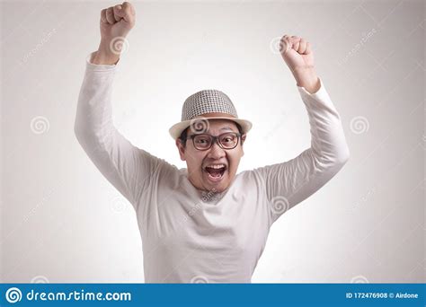 Happy Funny Asian Man Dancing Full Of Joy Winning Stock Photo Image