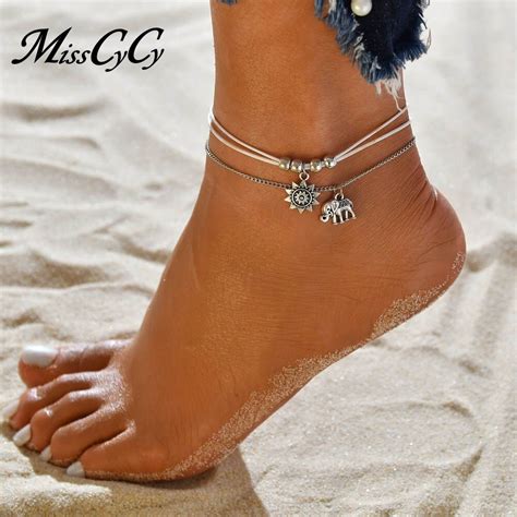 Misscycy Vintage Alloy Sun Elephant Ankle Bracelet For Women Boho Double Layer Chain Anklet