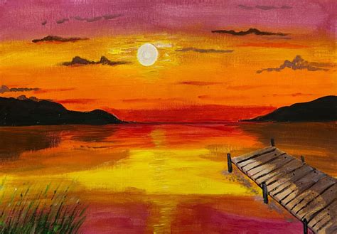 Acrylic Painting Of Dock Sunset Fantasy Landscape Landscape Art