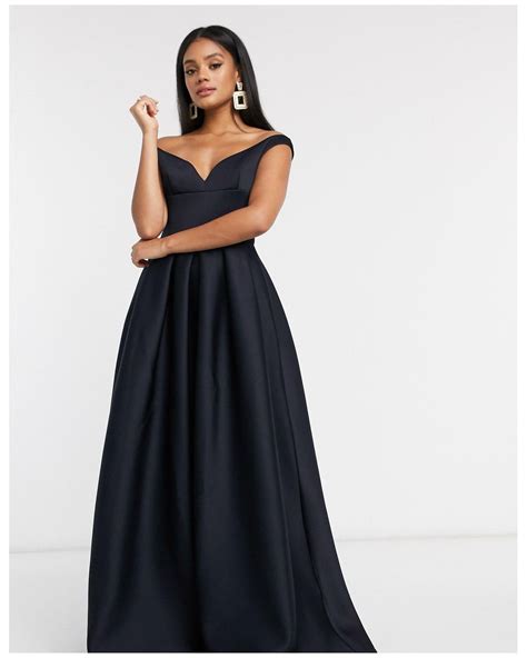 True Violet Black Label Bardot Prom Maxi Dress With Pockets In Blue Lyst