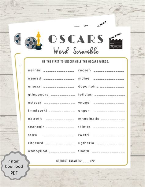 Oscars Word Scramble Game 95th Academy Awards Printable Game Oscars