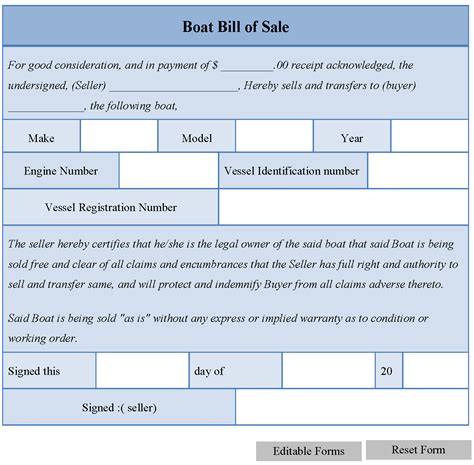Boat Bill Of Sale Form Editable Forms