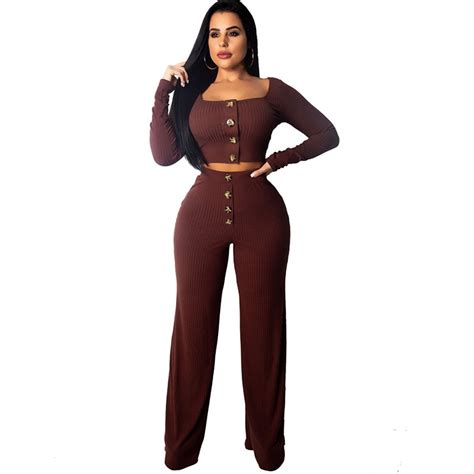 Sexy Ribbed Two Piece Sweat Suits Women Square Collar Long Sleeve Knit Crop Top And Wide Leg