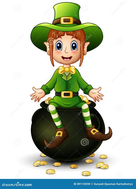 Cartoon Girl Leprechaun Sitting On Pot Of Gold Stock Vector