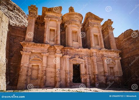 Ancient Al Dayr Monastery In Petra Jordan During The Daytime Stock