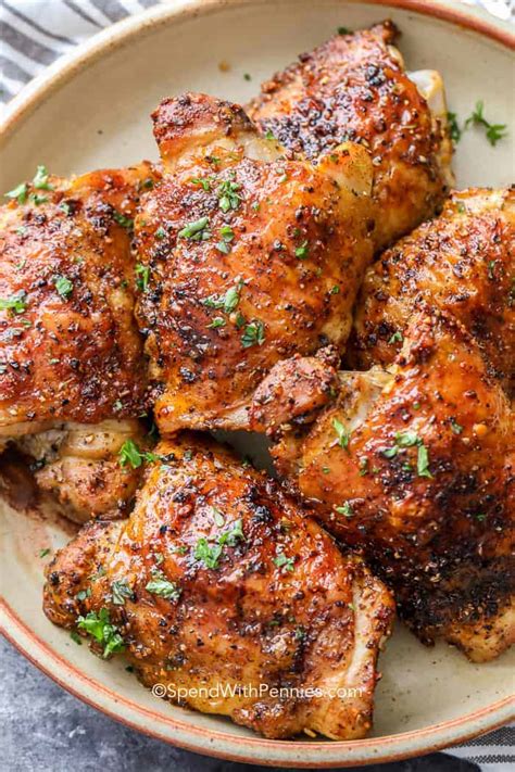 Pat the chicken thighs dry with paper towels and allow to come to room temperature (about 20 minutes). Crispy Baked Chicken Thighs {Perfect every time} - Spend ...