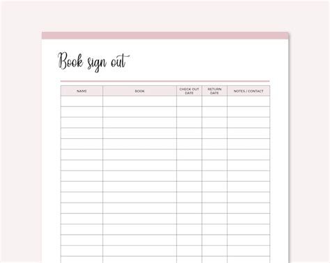 Printable Library Book Sign Out Sheet Book Sign Out Form Etsy
