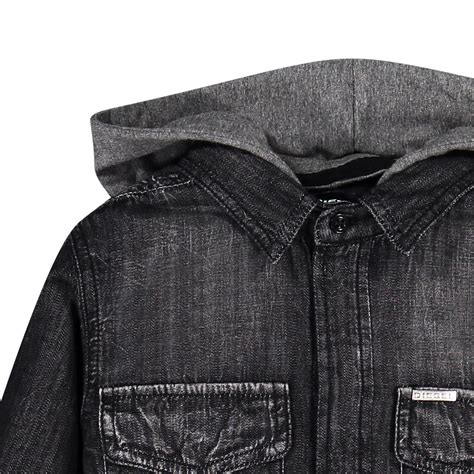 Diesel Boys Black Denim Jacket With Heather Grey Hood For Boys