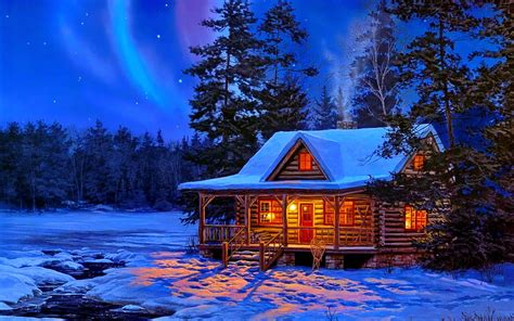 2k Free Download Snowy Cabin Art Cottage Dusk Bonito Cabin