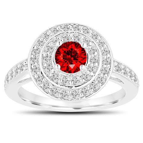 Fancy Red Diamond Engagement Ring 14k White Gold Double Halo Unique 1