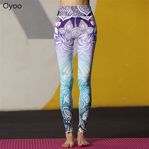 oyoo stunning beautiful yoga pants high waist floral printed leggings purple blue ombre women s