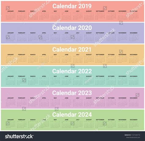 Year 2019 2020 2021 2022 2023 2024 Calendar Royalty Free Stock Vector
