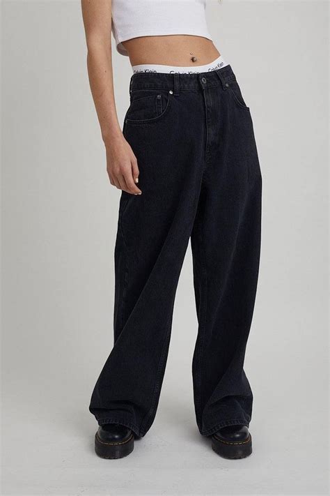 Ragged Jeans Low Rise Baggy Wide Leg Jeans In Charcoal With “ragged