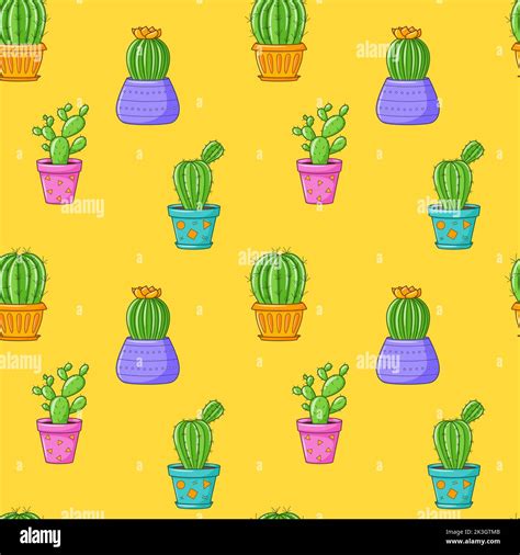 Seamless Pattern With Different Cactus Succulent Plant In Bright