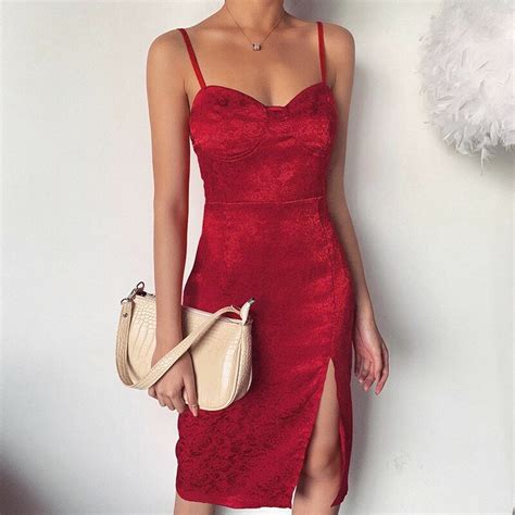 Summer Style 2020 New Arrivals Sexy Dress Stain Spaghetti Strap Split Red Solid Elegant Evening