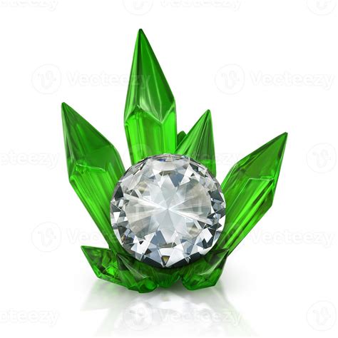 Diamond On Emerald Green Crystal Isolated On White Background 3d