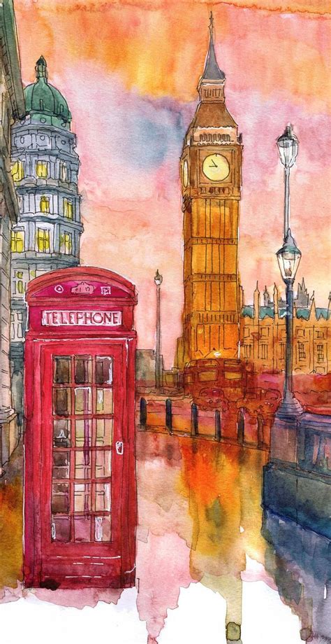 London Skyline Art Watercolor Painting Big Ben Sketch British Theme