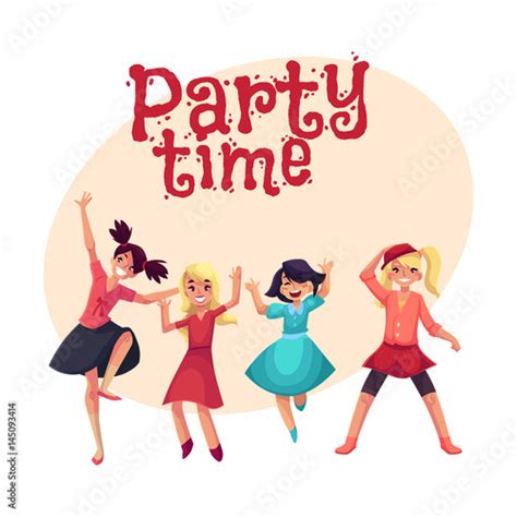 Four Various Girls In Colorful Clothes Having Fun Dancing At Party