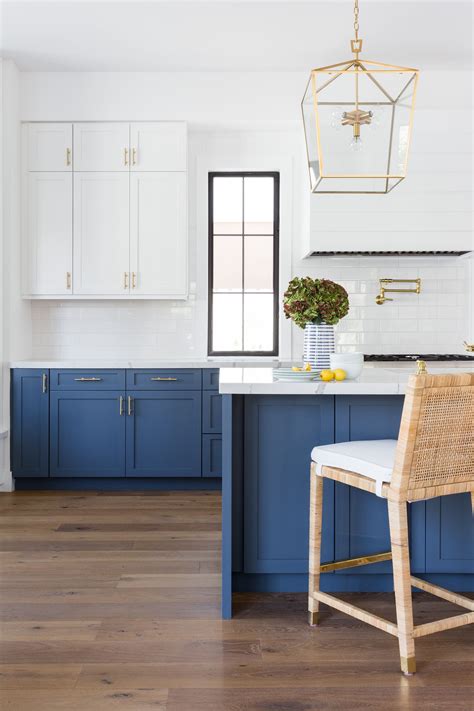 Blue And White Kitchen Blue Base Cabinets Brass Lantern Pendant