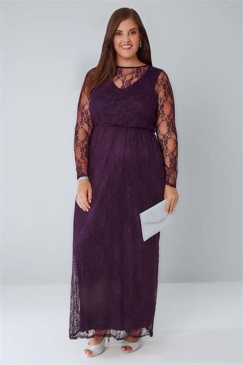 Deep Purple Lace Long Sleeve Maxi Dress With Elasticated