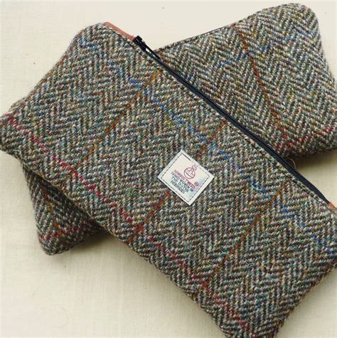 Harris Tweed Pencil Case Zippered Pouch In Brown And Green Herringbone