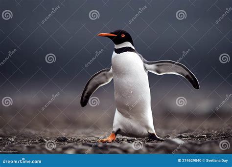 Happy Gentoo Penguin With Wings Spread In Snowy Antarctic Generative