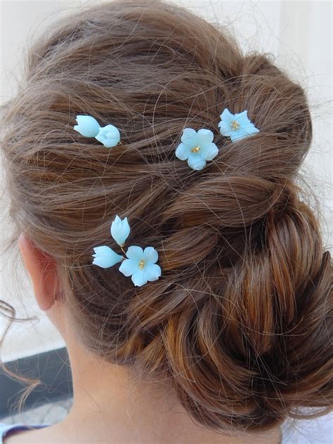 Blue Hair Pins Set Of 5 Flower Hair Pins Aqua Hair Pins Etsy