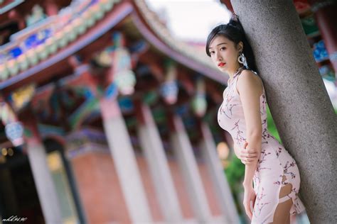 asian women model long hair depth of field black hair chinese dress 2048x1366 wallpaper