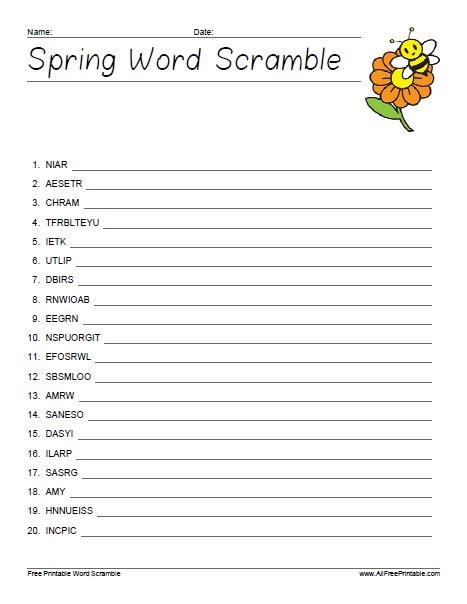 Spring Word Scramble Free Printable