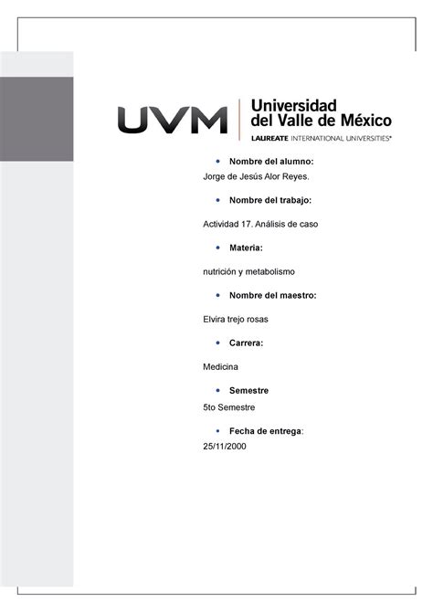 Analisis de caso actividad Nutrición y Metabolismo UVM Studocu