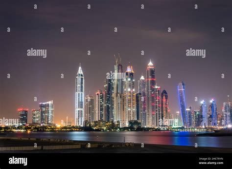 Dubai Marina Skyline By Night Stock Photo Alamy
