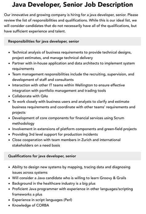 Java Developer Senior Job Description Velvet Jobs