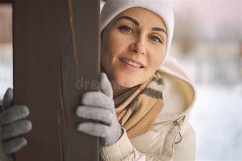 Closeup Portrait Smiling Winter Woman In Warm Clothes Posing Outdoor