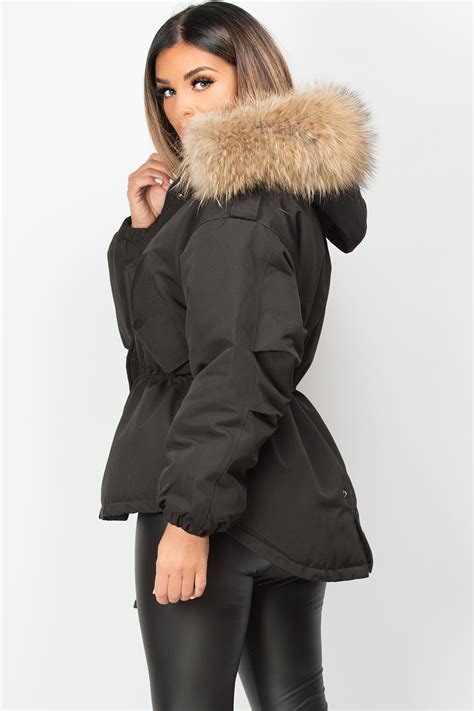 Womens Black Natural Raccoon Fur Hooded Parka Coat Jacket Uk