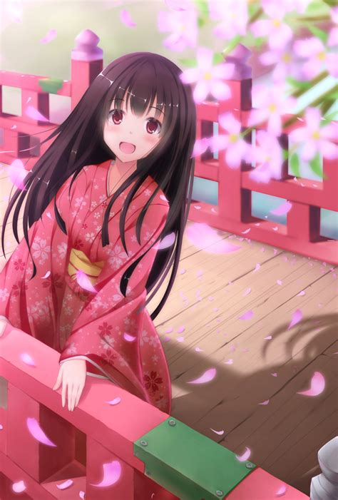 Safebooru 1girl Absurdres Black Hair Fence Flower Highres Japanese Clothes Kimono Long Hair