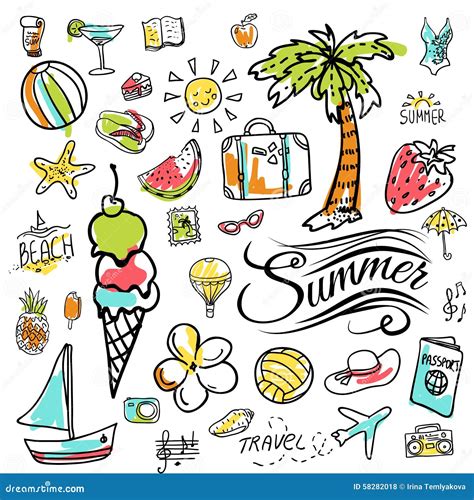 Set Of Vector Doodle Summer Icons Stock Vector Illustration Of Ball