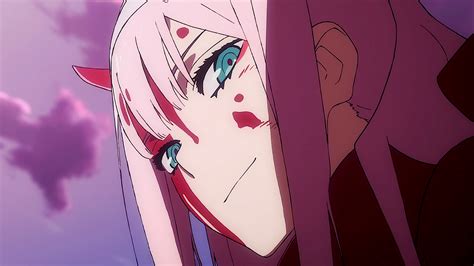 anime darling in the franxx zero two darling in the franxx smile pink hair green eyes horns