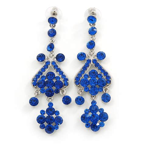 Long Sapphire Blue Austrian Crystal Chandelier Earrings In Rhodium
