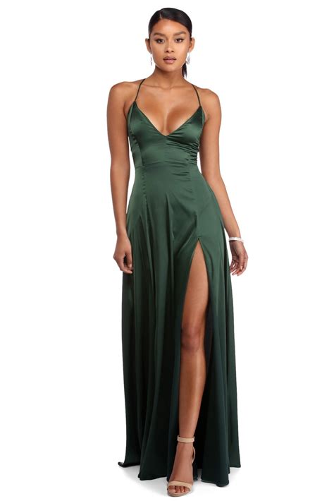 Vera Emerald Satin Lace Up Formal Dress Green Satin Dress Silk Prom