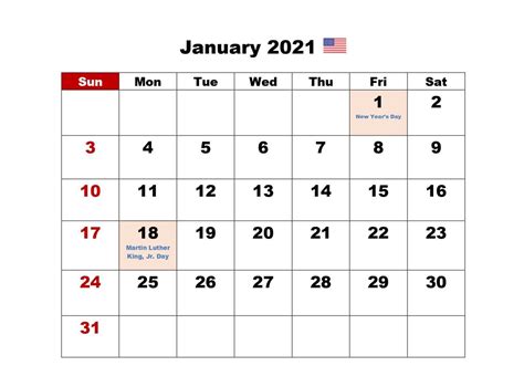 Free Printable January Holidays 2021 Calendar Template