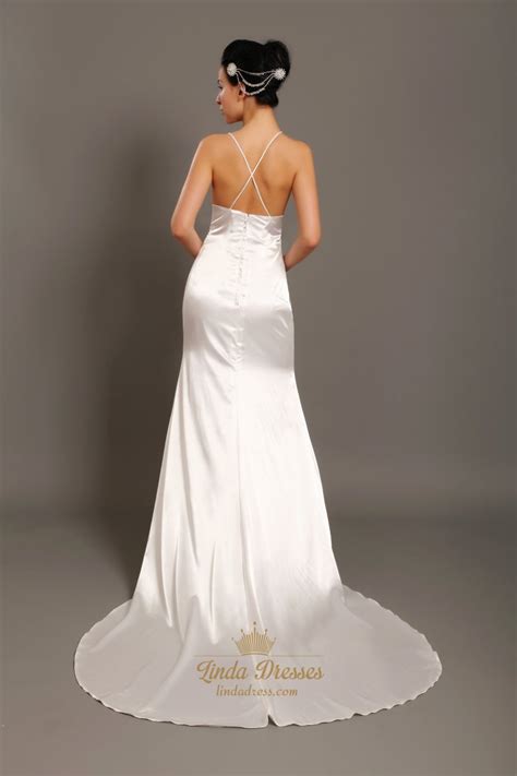 Ivory V Neck Satin Spaghetti Strap Beach Sheath Wedding Dress With