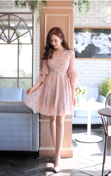 Floral Lace Ruffle Sleeve Wrap Style Flared Dress Korean Fashion Women Asian Fashion Korean