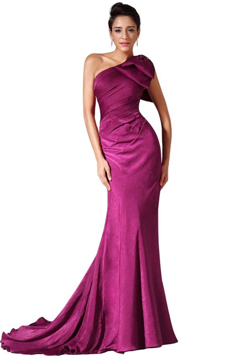 One Shoulder Satin And Chiffon Evening Gown Featuring A Large Shoulder