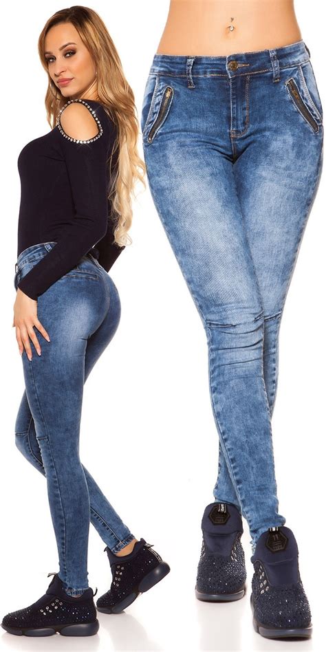 Sexy Skinny Jeans Met Decoratieve Ritssluitingen Jeansblauw Skinny Jeans