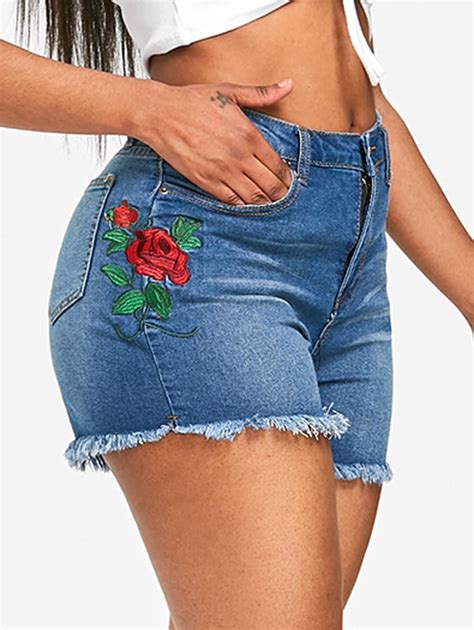 Rose Flower Embroidery Jean Shorts Jeans For Short Women Fashion Clothes
