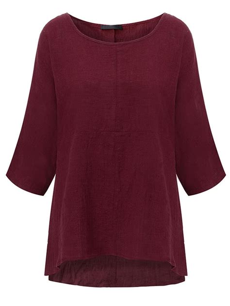 Wodstyle Womens 34 Sleeve Cotton Linen Plain Casual T Shirt Tops