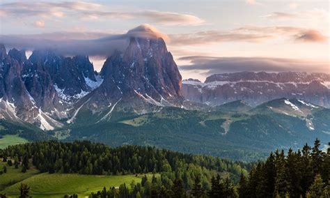Alps Mountain Sunset Forest Clouds Italy Snowy Peak Trees Grass