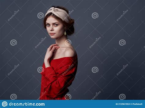 Pretty Woman Red Dress Turban On Her Head Style Glamor Close Up Stock Image Image Of African